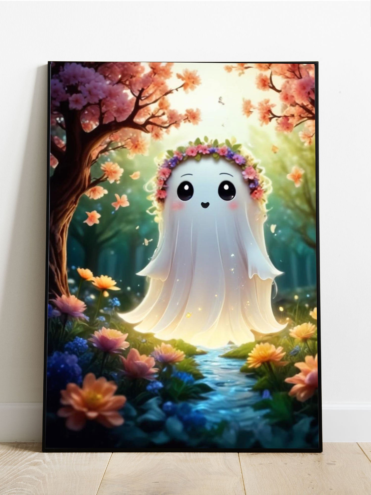 Cute Ghost Walking Among Flowers Canvas Poster -For Living Room, Sofa Backdrop, Bedside Decoration, Home Decor, No Frame