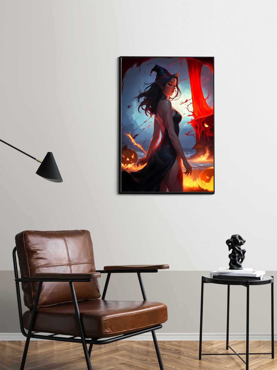 This mesmerizing wall art features a dark haired witch radiating powerful blood energy. Handcrafted with rich colors and intricate details, it adds a touch of enchantment to any space. Elevate your decor with this hauntingly beautiful piece.