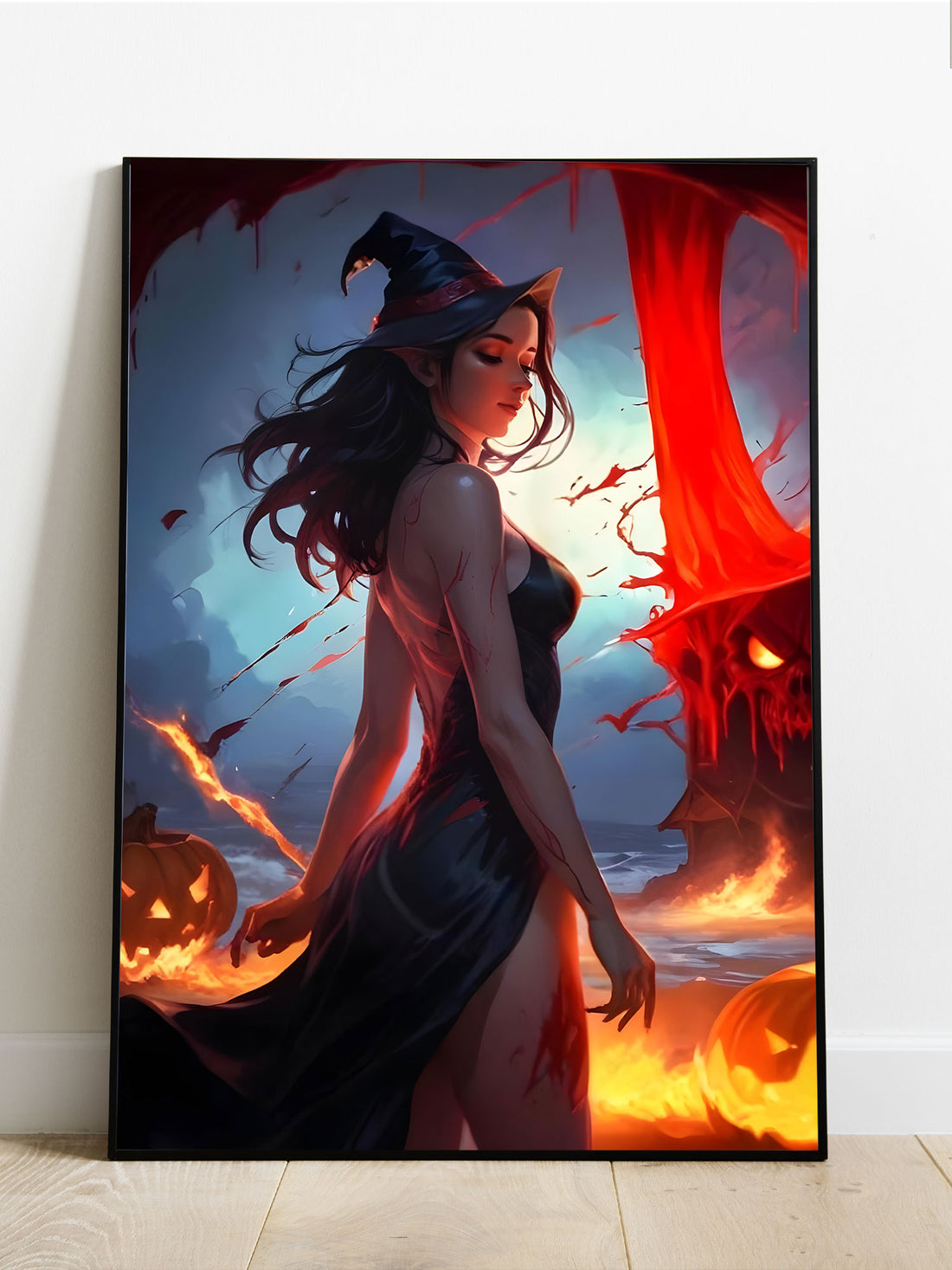 This mesmerizing wall art features a dark haired witch radiating powerful blood energy. Handcrafted with rich colors and intricate details, it adds a touch of enchantment to any space. Elevate your decor with this hauntingly beautiful piece.