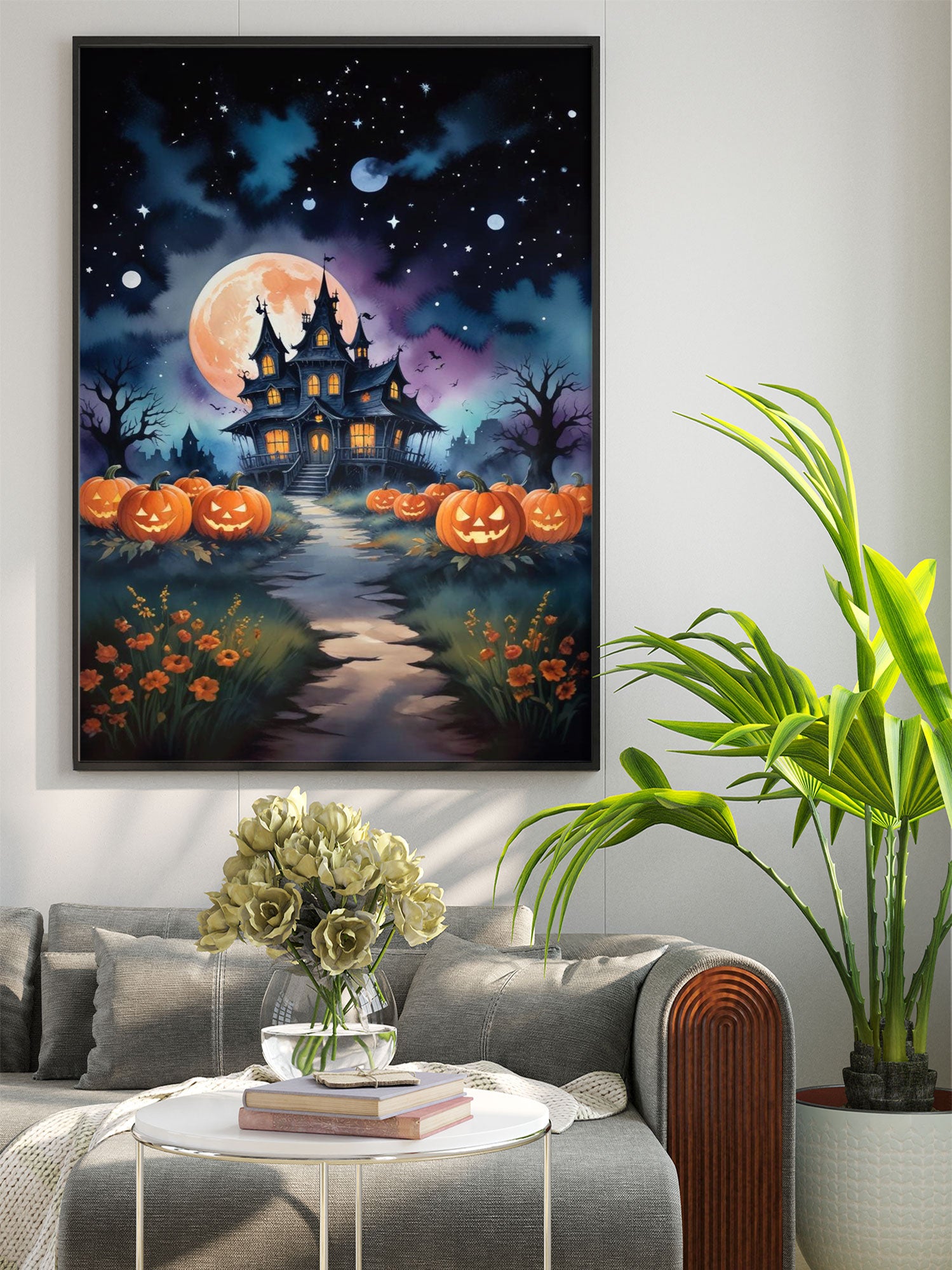 Elevate your home decor this Halloween with our Creepy House With Pumpkin Garden Canvas Poster. Bring the spooky vibes to any room with this high-quality canvas print. Perfect for horror enthusiasts and lovers of all things eerie. Limited stock available, get yours now!