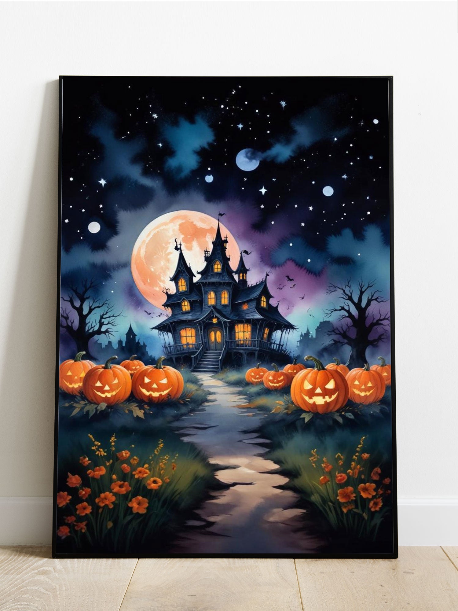 Creepy House With Pumpkin Garden Canvas Poster - For Living Room, Sofa Backdrop, Bedside Decoration, Home Decor, No Frame