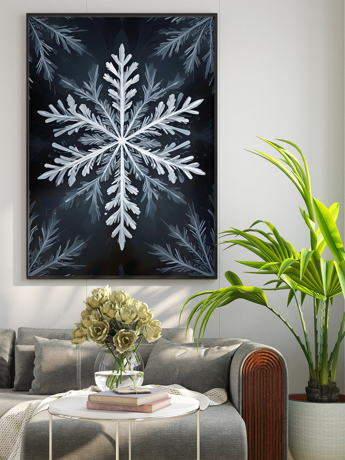 Enhance your home decor with our exquisite Canvas Poster featuring a large, intricate snowflake pattern. The delicate, white designs add a touch of elegance to any room. Made with high-quality materials, this poster is sure to impress. Elevate your space with this beautiful addition.