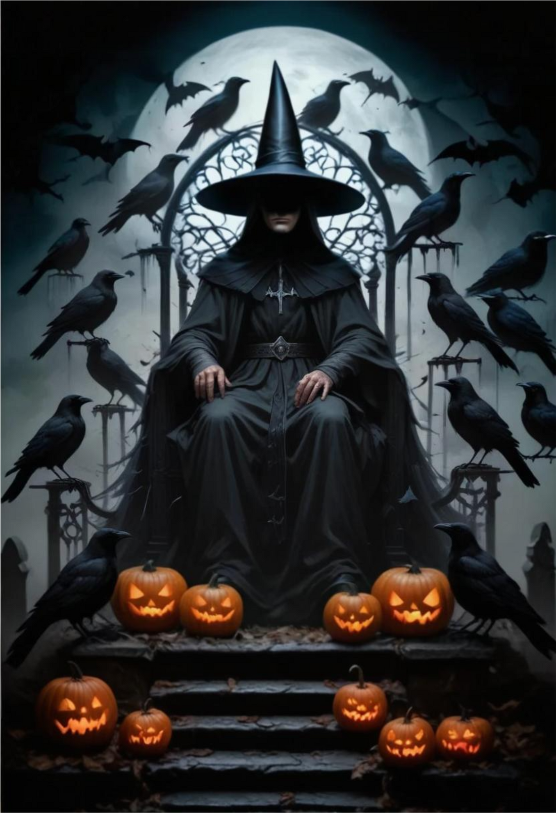 Witch Sitting On Chair With Crows Flying Around Canvas Poster
