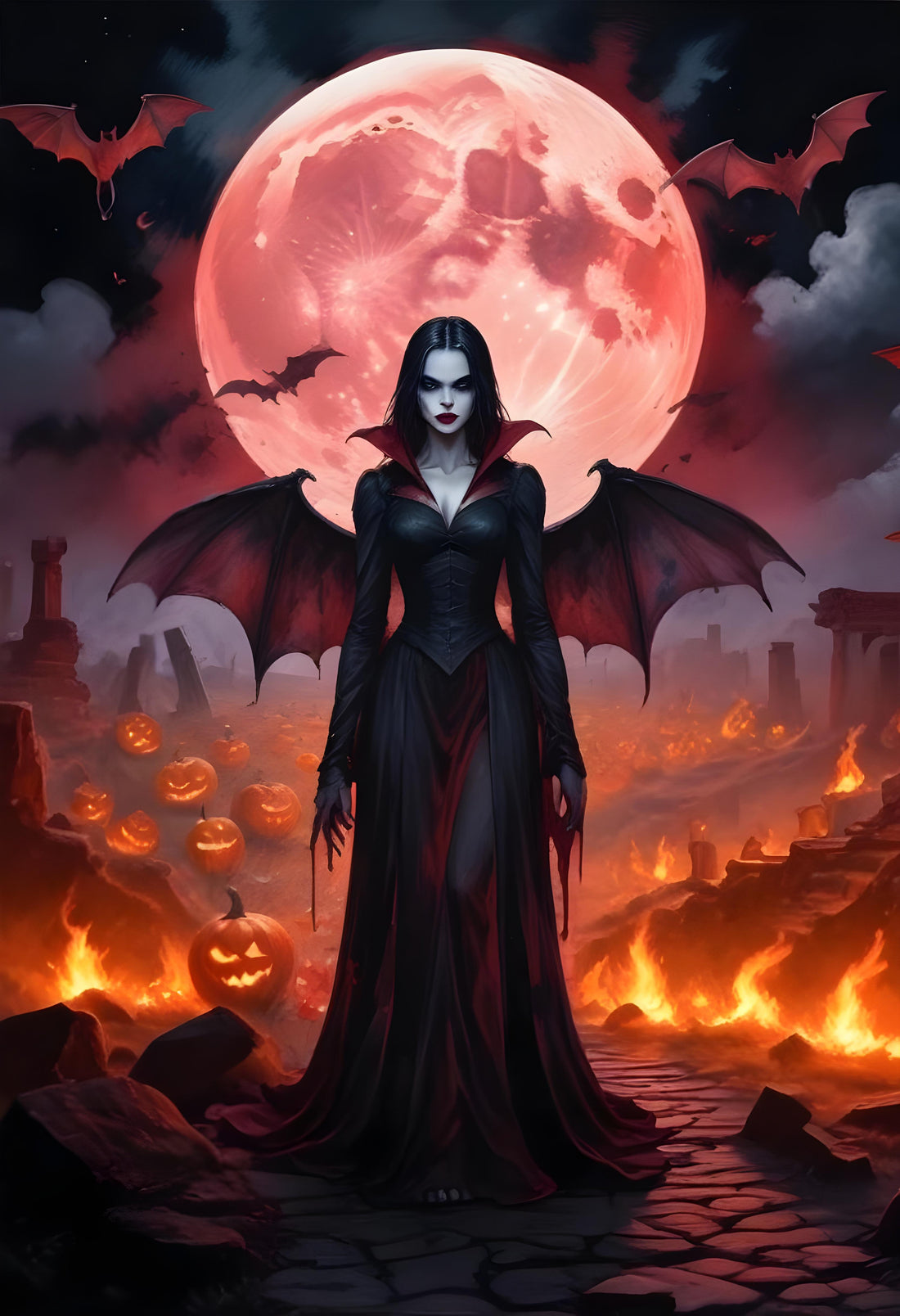 A Female Vampirein Standing In The Night Sky Poster Wall Art - Un Frame Canvas Poster
