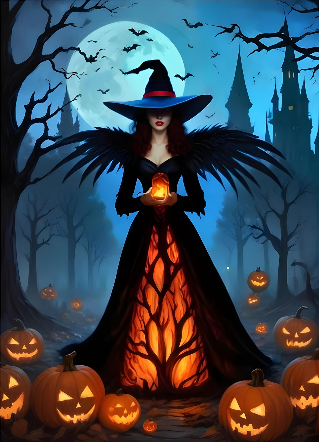 Dark Witch Standing On Pumpkin Path Poster Wall Art - For Living Room, Sofa Backdrop, Bedside Decoration, Home Decor, No Frame
