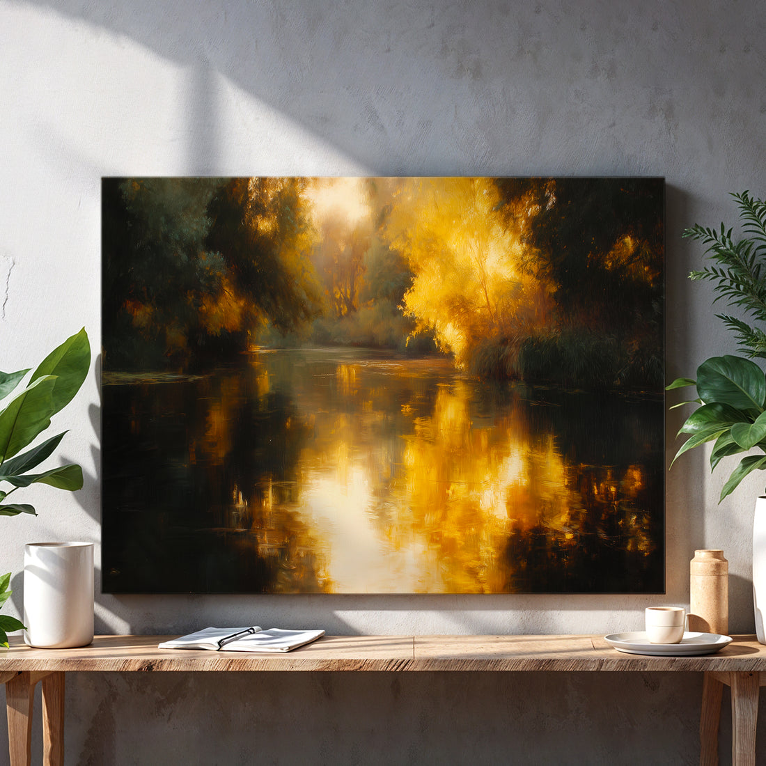 Capture the serene beauty of autumn with this striking canvas wall art featuring an abstract lake reflection composition. The sophisticated palette of dark gold and black creates a moody, elegant aesthetic that complements contemporary and traditional interiors alike. This landscape painting serves as a compelling focal point above sofas, beds, or accent walls, adding depth and artistic character to any room. The abstract interpretation of nature invites contemplation while maintaining visual harmony with e