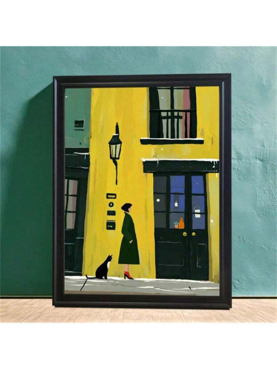 Transform your space with this striking abstract city street scene art print. Featuring a modern minimalist composition of a woman and cat against an urban backdrop, this canvas piece brings contemporary sophistication to any room. The multicolor palette creates visual depth while maintaining clean, artistic lines.