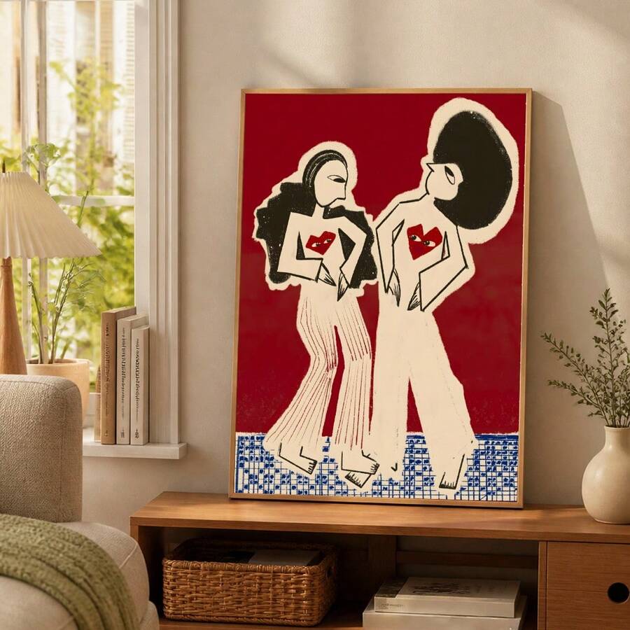 Close view of two stylized women on a red canvas poster with blue geometric border