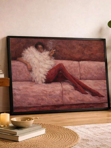 Woman in white feather top and red tights reclining on pink sofa in black-framed print