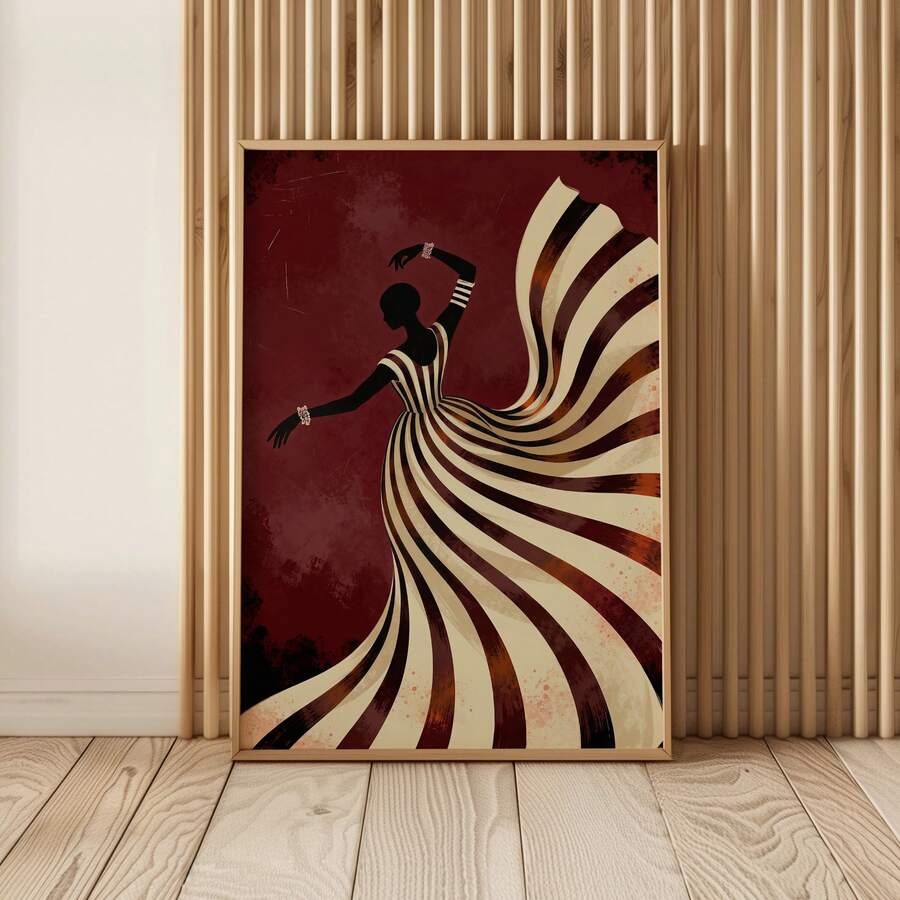 Female silhouette art framed on wood slat wall with striped flowing dress and burgundy tones
