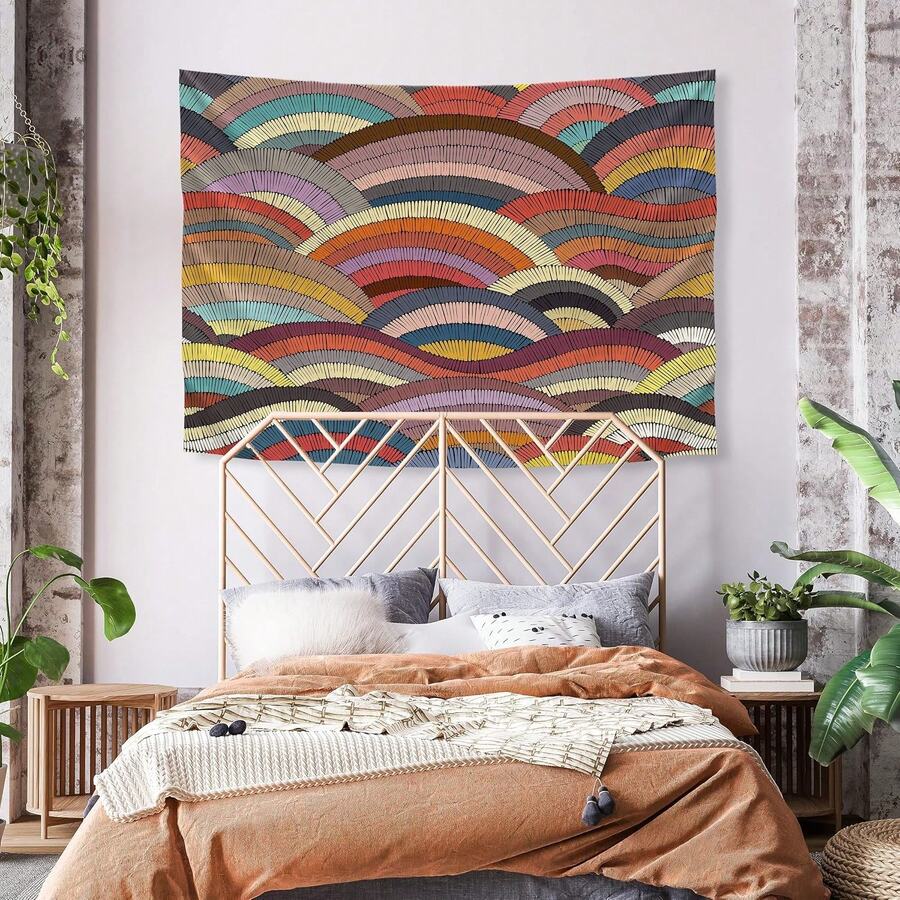 Abstract geometric wave tapestry with rainbow arch shapes