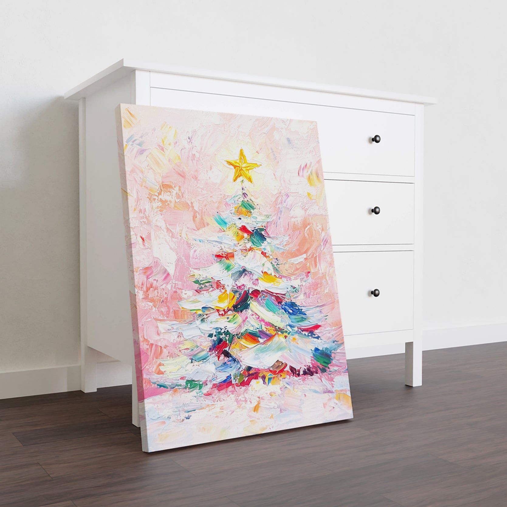 This striking abstract impasto Christmas tree canvas print brings contemporary artistry to your seasonal décor. Rendered with bold, textured brushwork, the piece combines festive symbolism with modern aesthetic appeal, creating visual depth that commands attention from across any room.