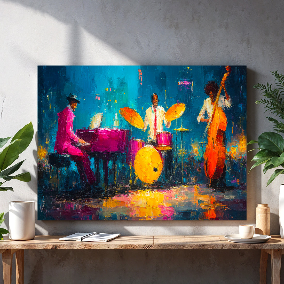 Elevate your space with this striking abstract jazz musicians canvas, where bold brushstrokes and dynamic composition capture the essence of musical expression. Perfect for living rooms, bedside walls, or above sofas, this contemporary artwork brings sophistication and artistic flair to any interior. The vibrant interplay of colors and forms creates visual movement that complements modern and eclectic décor styles.
