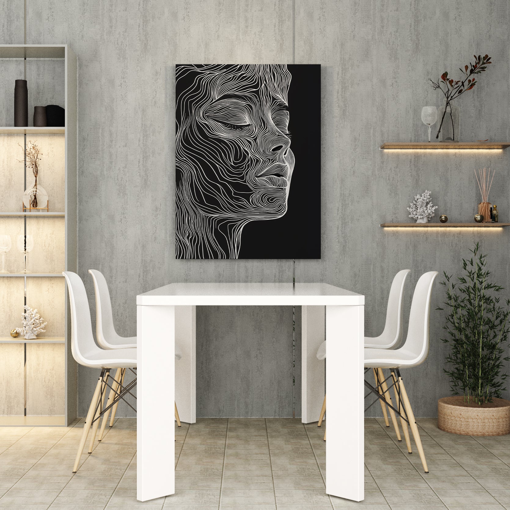 This Abstract Line Art Canvas Wall Decor showcases a unique and modern Black and White Profile Portrait design. Perfect for living rooms, sofa backdrops, and bedside decoration, this piece will add a touch of sophistication to any home decor. Elevate your space with this striking and timeless wall decor.