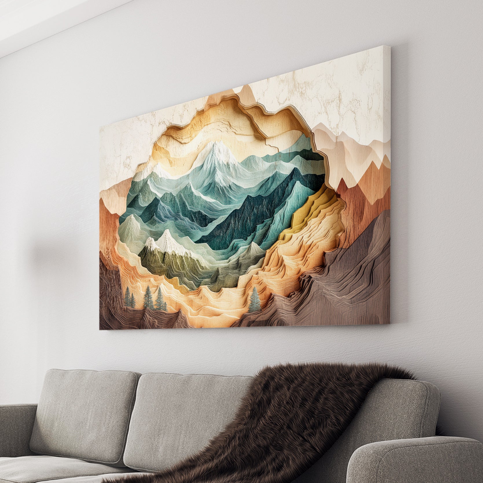 Introducing our Abstract Mountain Landscape Canvas Wall Art featuring a 3D layered design. Perfect for elevating any living space, this piece adds depth and dimension to your decor. Add it to your living room, sofa backdrop, or bedside for a touch of modern style. Elevate your home decor with our abstract canvas wall art.