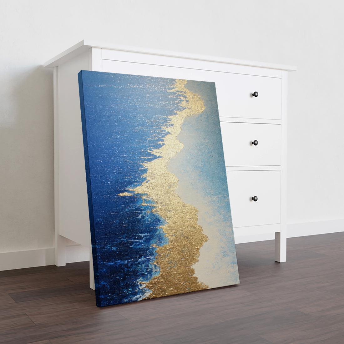 Elevate your interior with this striking abstract ocean canvas, where fluid blue tones merge with luxurious gold accents to capture the essence of coastal elegance. The dynamic wave composition creates visual movement and depth, making it an ideal focal point above sofas, beds, or living room walls. Crafted with attention to color harmony and contemporary design, this piece brings sophistication and tranquility to any space. Perfect for those seeking to infuse their home with modern coastal aesthetics witho