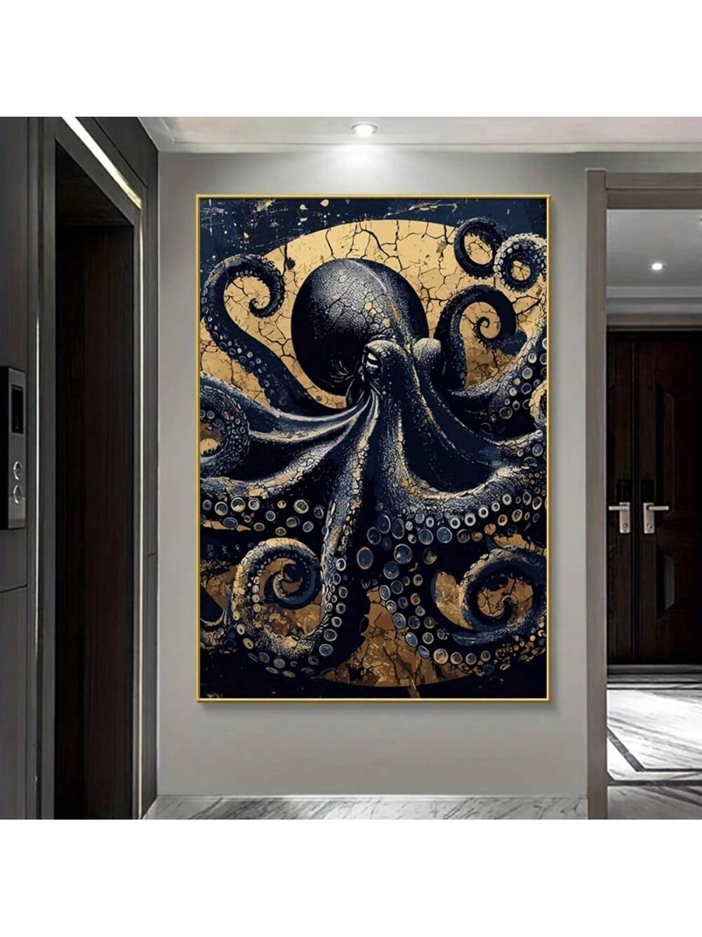 This abstract octopus canvas art is a modern and vintage addition to any living room or bedroom. Add a unique touch to your space with this expertly crafted piece, featuring an intricate octopus design and vibrant colors. Perfect for those looking to elevate their home decor with a touch of marine life.