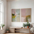 Abstract pastel lavender and sage green canvas poster set with olive and mustard shapes