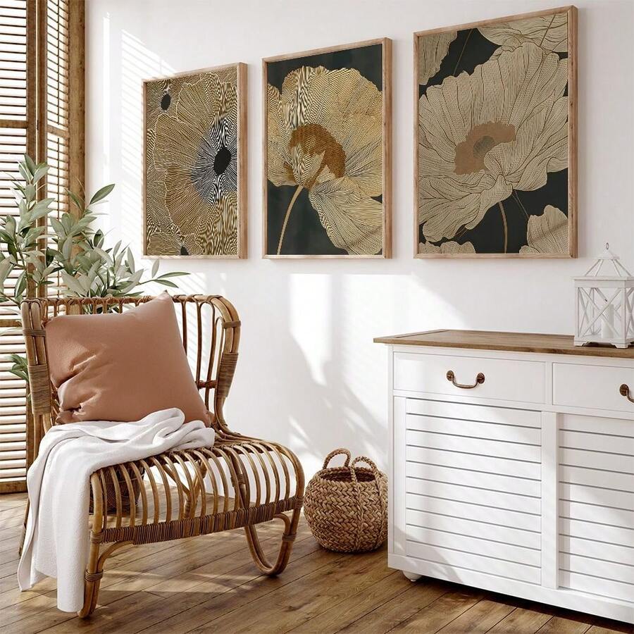 Abstract poppy wall art three piece black gold set