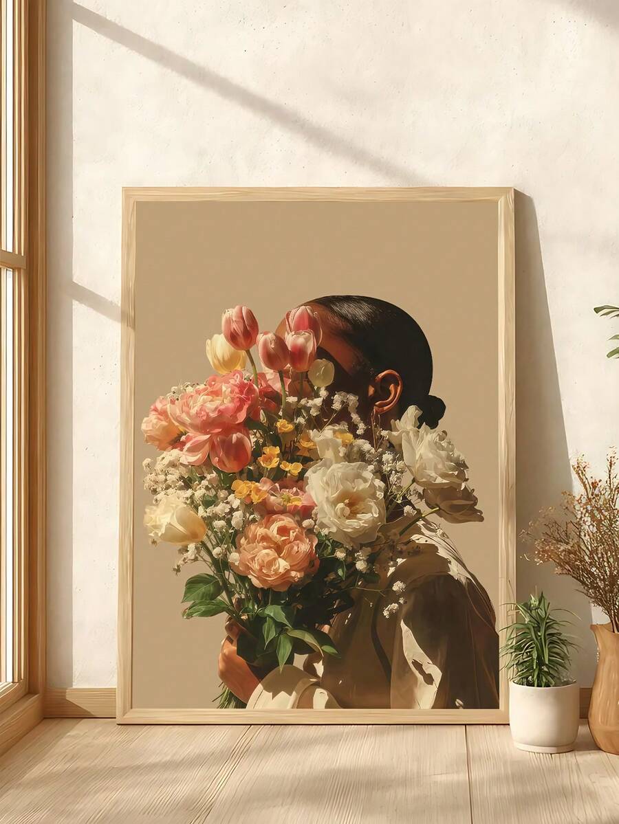 Abstract Striped Female Silhouette Floral Portrait Canvas Poster