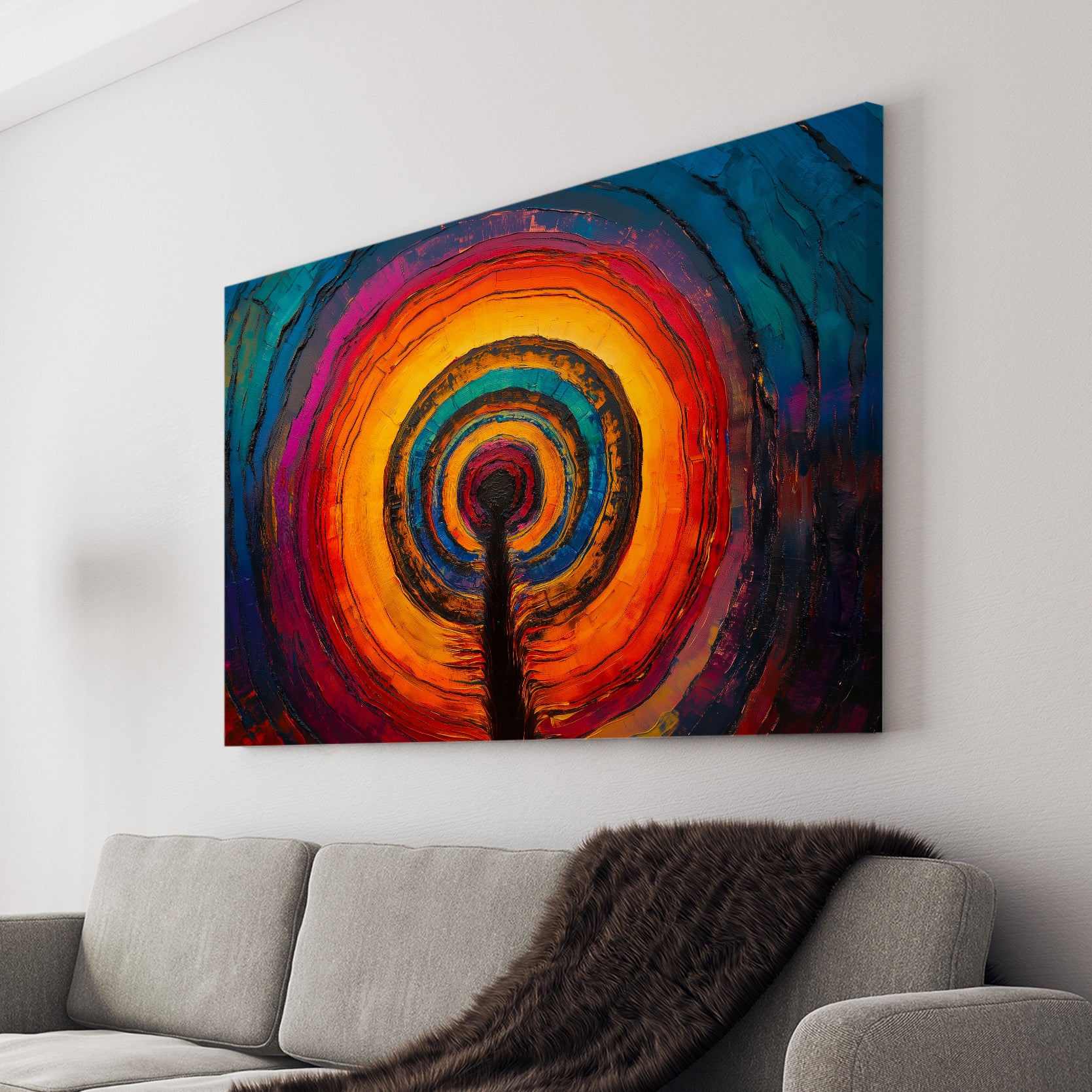 This Abstract Tree Ring Wall Art Canvas features a vibrant spiral design, bringing life and energy to any living room, sofa backdrop, or bedside decoration. With its abstract tree ring pattern, it adds a touch of nature to any home decor. Made with high-quality materials, this canvas is the perfect statement piece for any modern space.