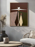 Abstract woman wall art with folk figure wide hat striped robe and olive green tones