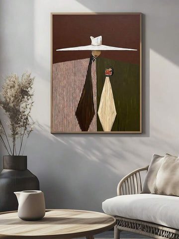 Abstract woman wall art with folk figure wide hat striped robe and olive green tones