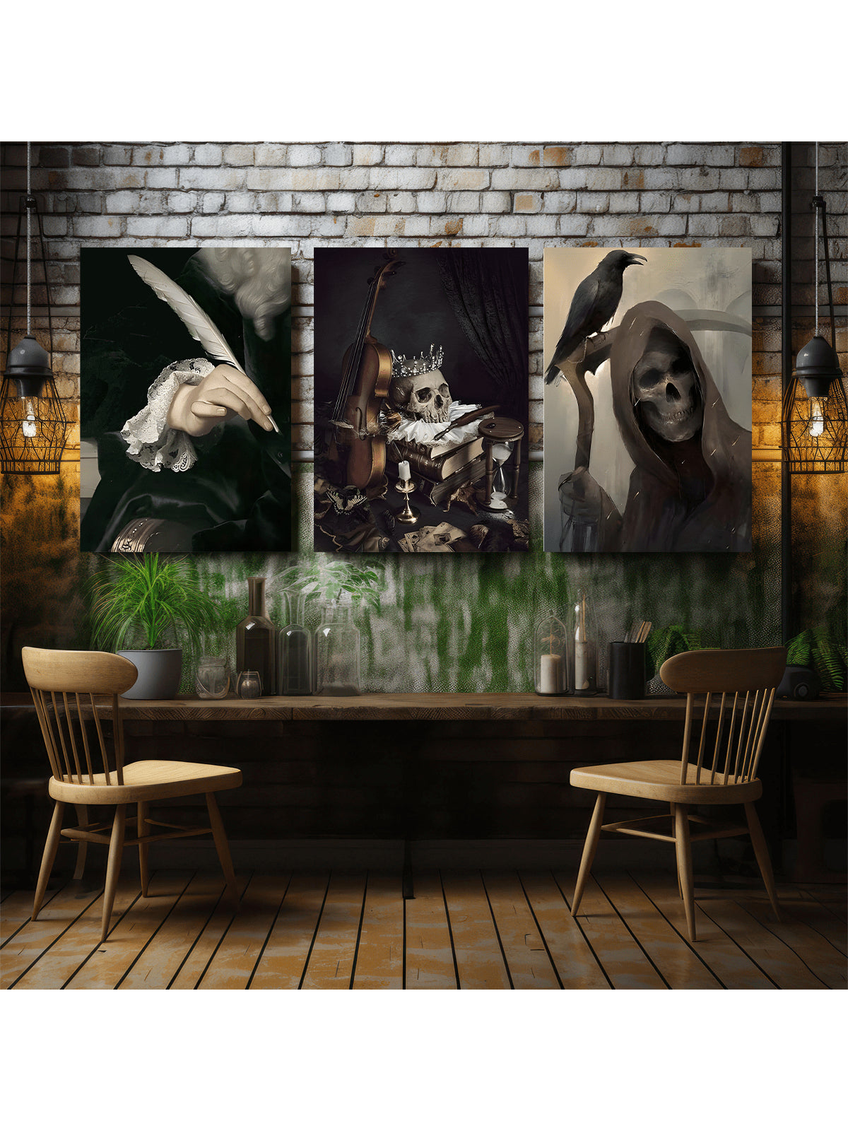 Elevate your dark academy aesthetic with this enchanting 3-piece gothic wall art set featuring a quill, raven, and skull crowned in regal detail. Printed on high-quality materials, each piece delivers a striking blend of macabre elegance and intellectual charm. Perfect for creating a moody, sophisticated atmosphere, this set complements contemporary interiors while showcasing your appreciation for dark, scholarly themes. Durable and easy to display, it offers a refined statement for those who value art that
