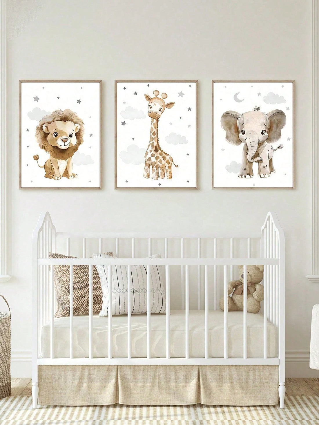 Enhance your nursery or child's room with this expertly crafted 3-piece canvas poster set featuring charming illustrations of a lion, giraffe, and elephant. Each piece is designed to stimulate imagination and create a warm, inviting atmosphere. Printed on high-quality canvas, these durable artworks offer vibrant colors and lasting appeal, making them an ideal choice for early childhood environments. Easy to hang and coordinate, this set brings both educational and decorative value to your space.