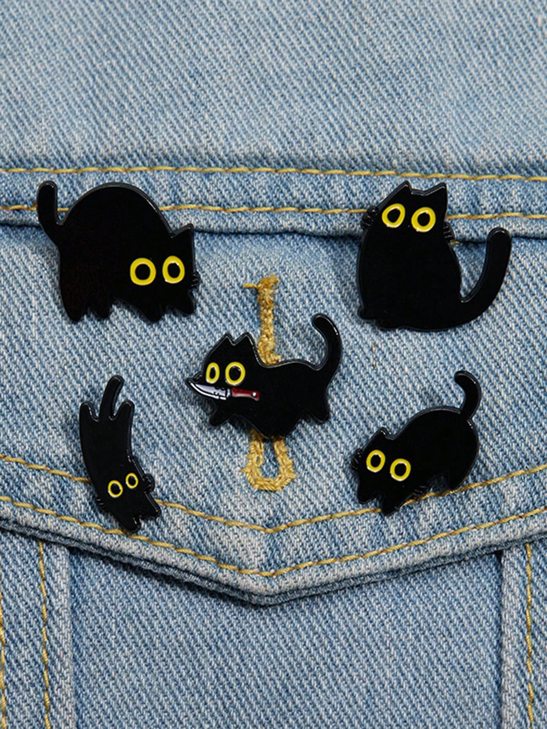 Expertly crafted and designed, our Adorable Black Kitten Enamel Pin Set is the perfect addition to any animal lover's collection. With five charming cat brooches, this set is sure to add a touch of cuteness to any outfit. Made with high-quality materials, these pins are durable, versatile, and will make a great gift for yourself or a loved one. Complete your look with these purr-fect accessories today!
