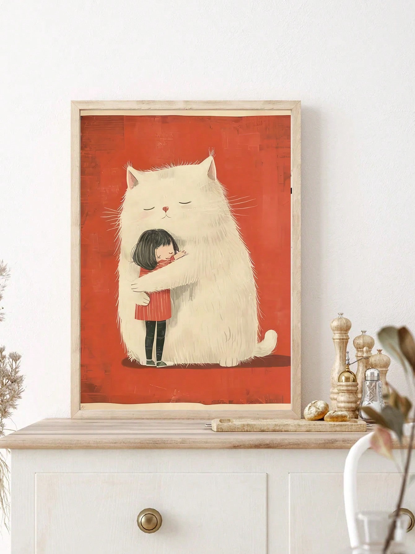 Enhance your home decor with our Adorable White Cat Hugs Canvas Poster. Perfect for cat lovers, this poster features an irresistible white cat in a loving embrace. Made with high-quality canvas, it is a charming addition to any room. Show off your love for cats with this cute and stylish poster.