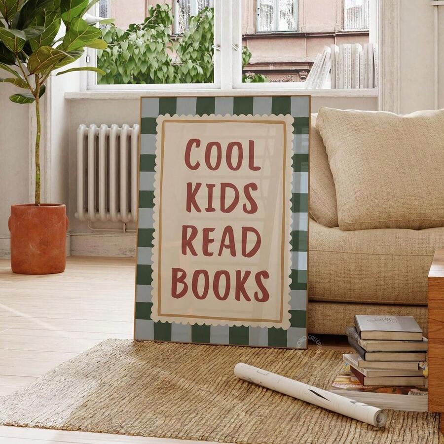 Framed COOL KIDS READ BOOKS poster with retro green striped border
