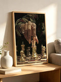 Framed gold chess queen canvas poster on a sunlit wood console