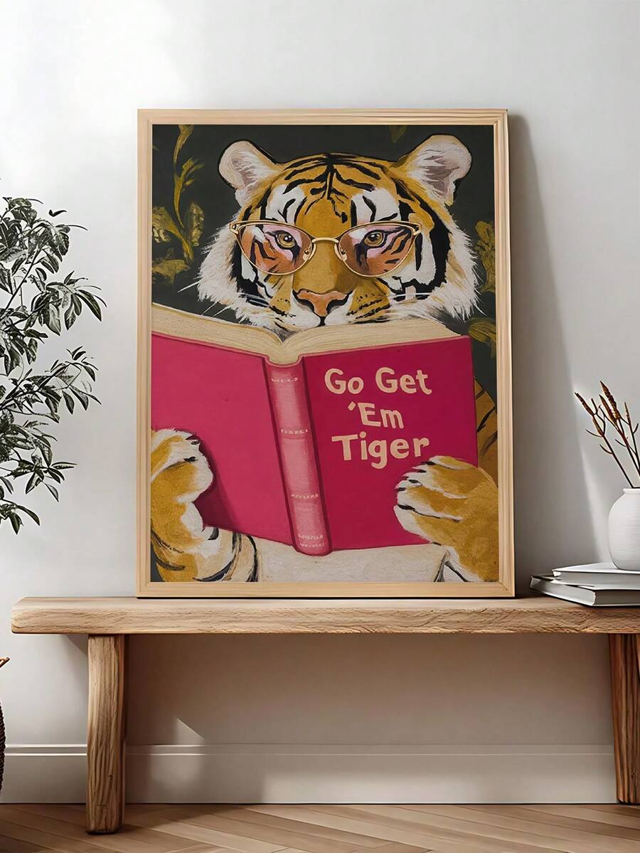 Framed tiger wall art showing tiger with glasses reading pink book and Go Get Em Tiger quote
