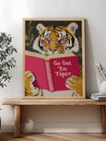 Framed tiger wall art showing tiger with glasses reading pink book and Go Get Em Tiger quote