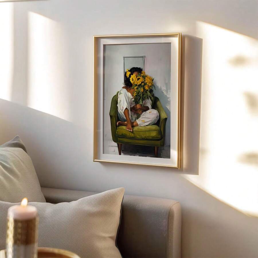 Sunflower woman portrait wall art in gold frame
