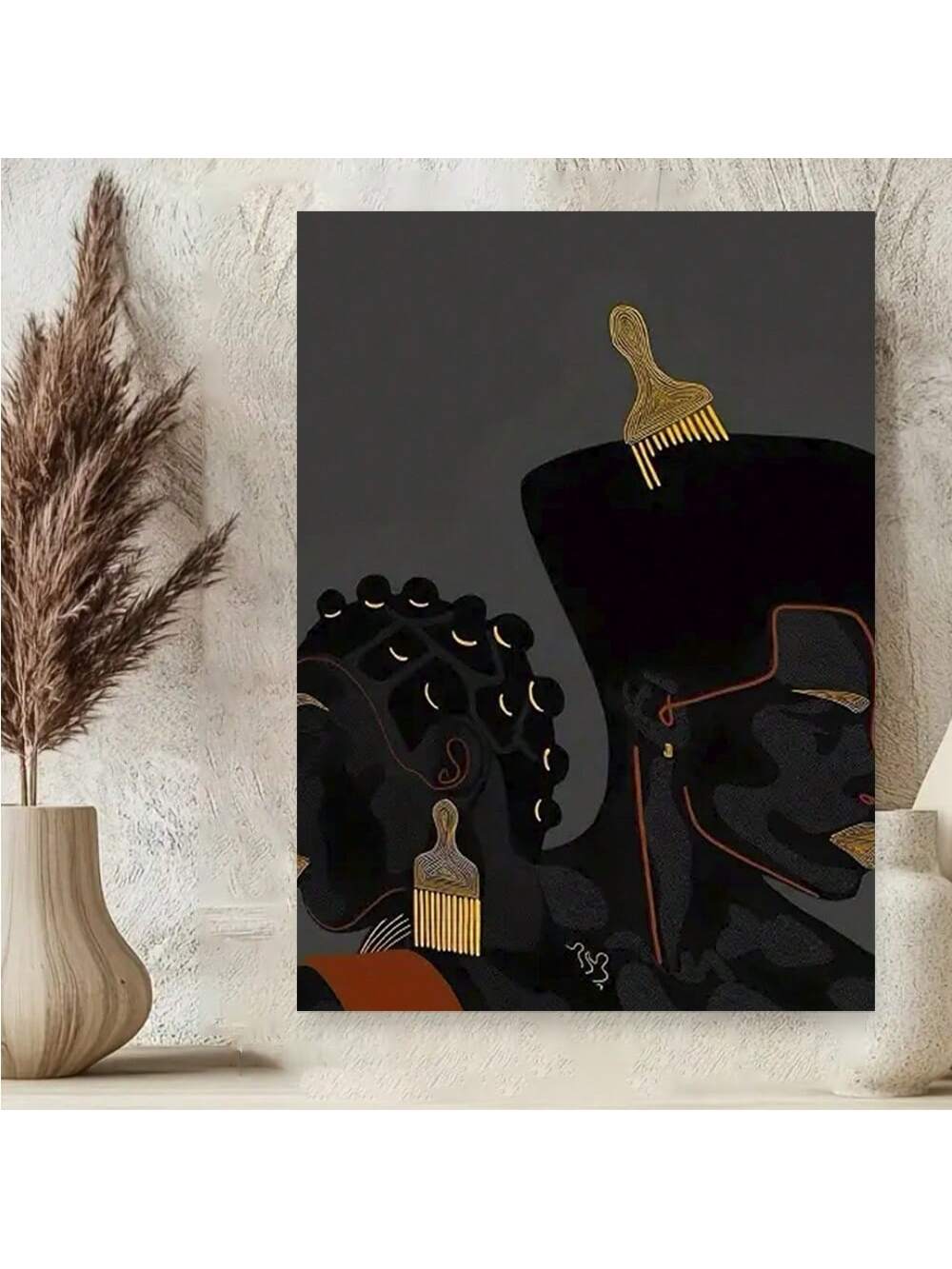 Celebrate African American heritage with this expertly crafted Afrocentric canvas wall art. Featuring a striking silhouette enhanced by elegant golden accents, this framed piece adds a sophisticated cultural touch to any room. Its refined design complements stylish home decor while honoring rich traditions, making it a meaningful and visually captivating addition to your living space.