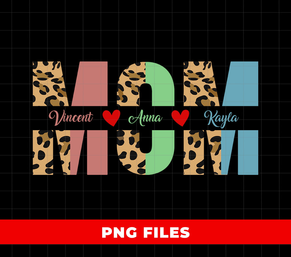Personalized MOM PNG with Leopard Print and Kids’ Names, Custom Mom Sublimation Design with Hearts
