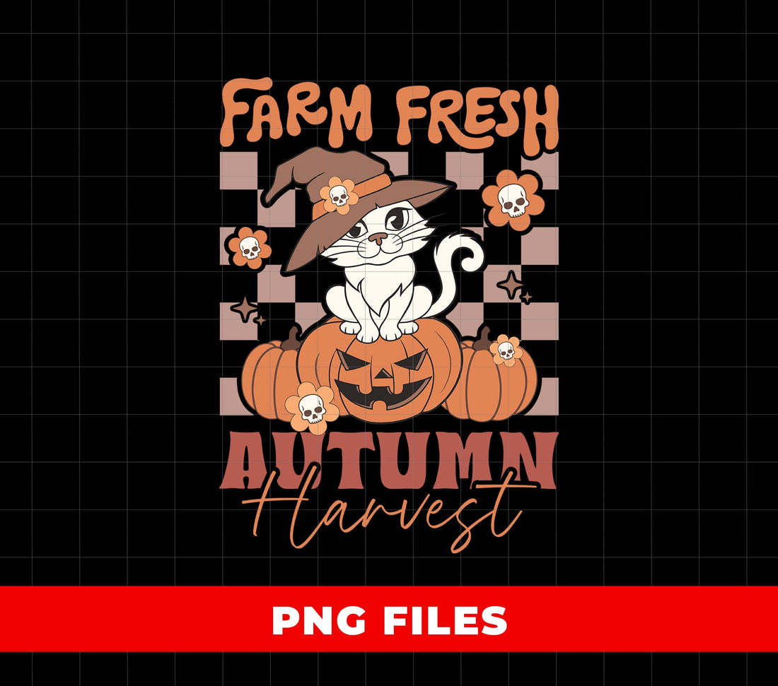 Farm Fresh Autumn Harvest Cat PNG, Witch Hat Cat On Pumpkin Fall Sublimation Design, Cute Spooky Autumn Decor Art