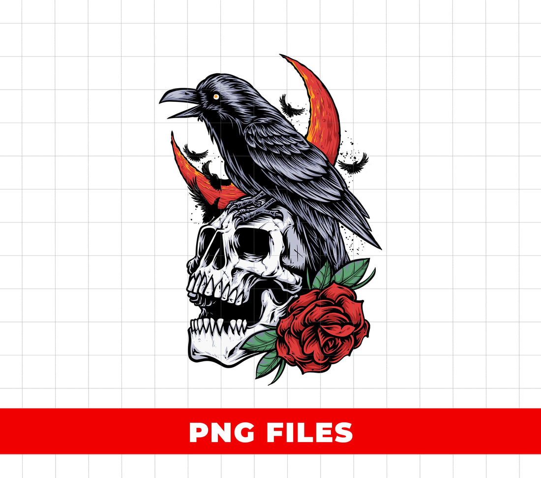 Raven Skull Rose Gothic Art, Dark Crow And Skull With Moon, Occult Witchy Skull Illustration, Tattoo Style Gothic Skull And Raven Design