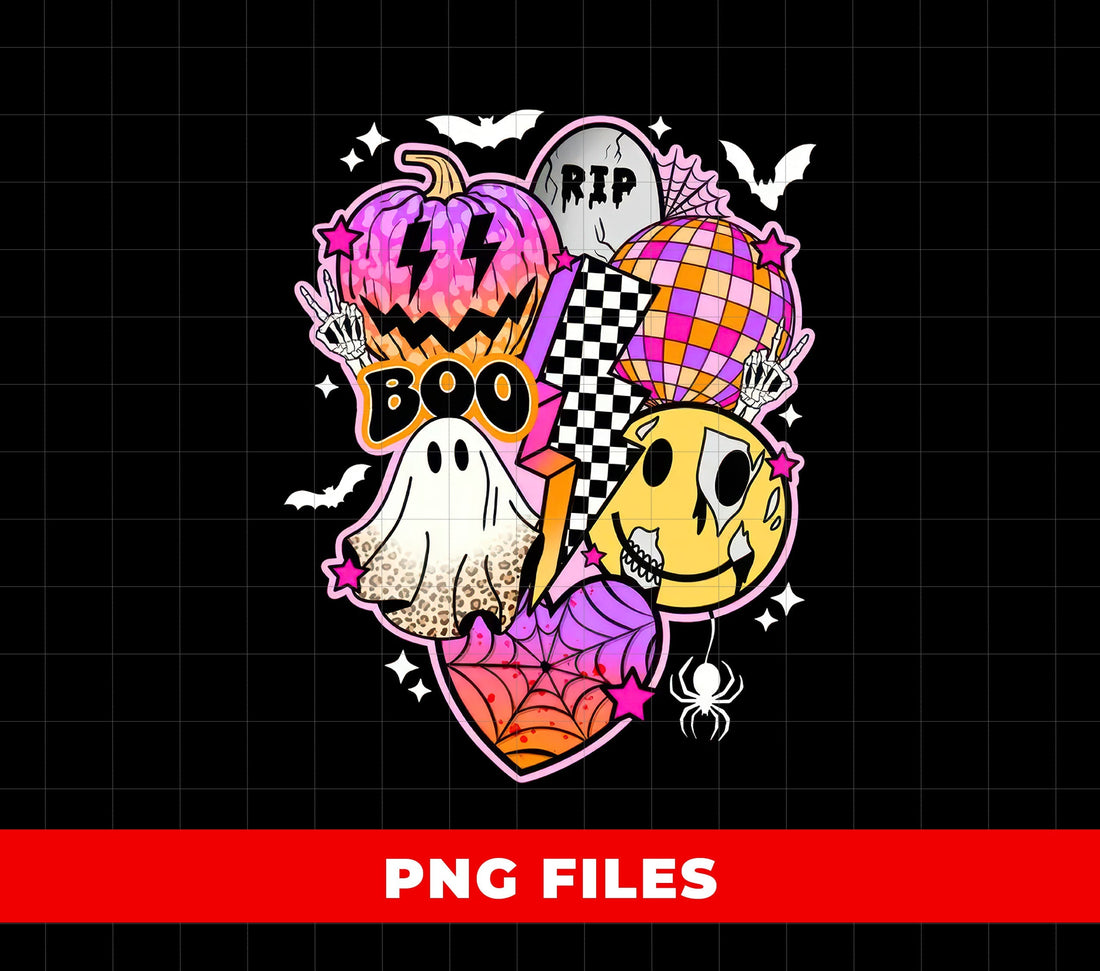 Retro Halloween, Colorful Spooky Ghost Pumpkin Skull Boo Graphic, Cute Gothic Creepy Sticker Design, Vintage Scary Season Aesthetic Artwork