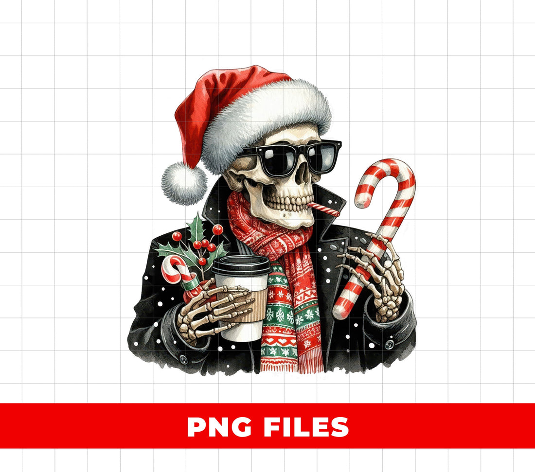 Cool Skeleton Christmas PNG, Santa Hat Skull with Candy Cane Coffee, Gothic Holiday Sublimation, Dark Xmas Clipart, Punk Rock Skeleton