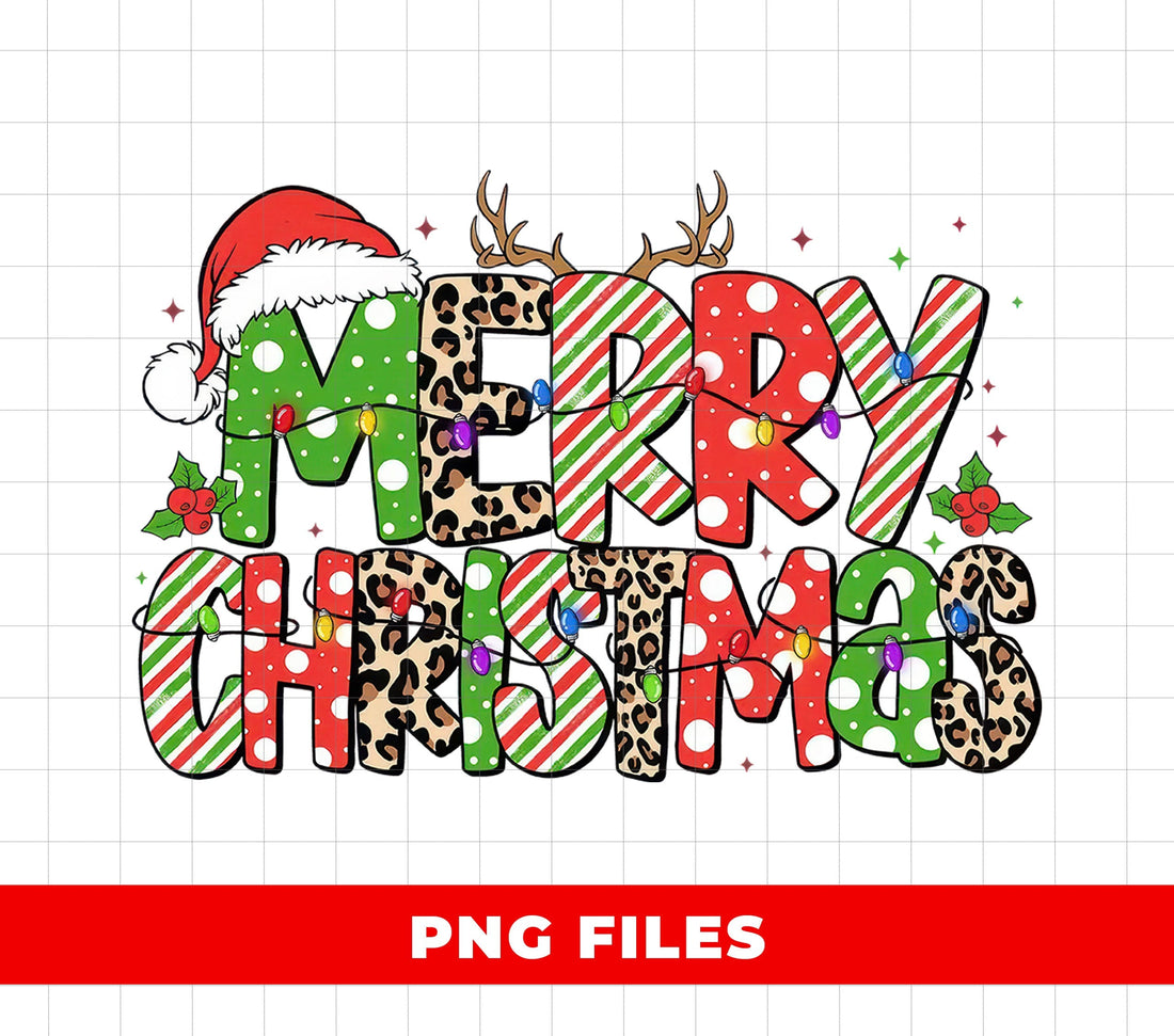 Merry Christmas, Leopard Print Christmas Lights Sublimation, Santa Hat Reindeer Holiday Clipart, Cute Xmas Digital Download, Festive Winter