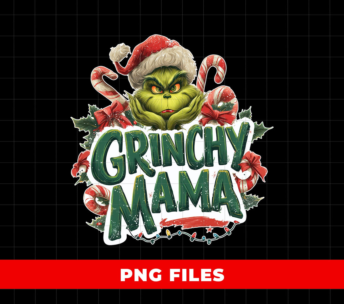 Grinchy Mama PNG, Funny Christmas Mom Sublimation Design, Green Grinch Face Clipart, Holiday Candy Cane Lights Graphic, Xmas Digital Download