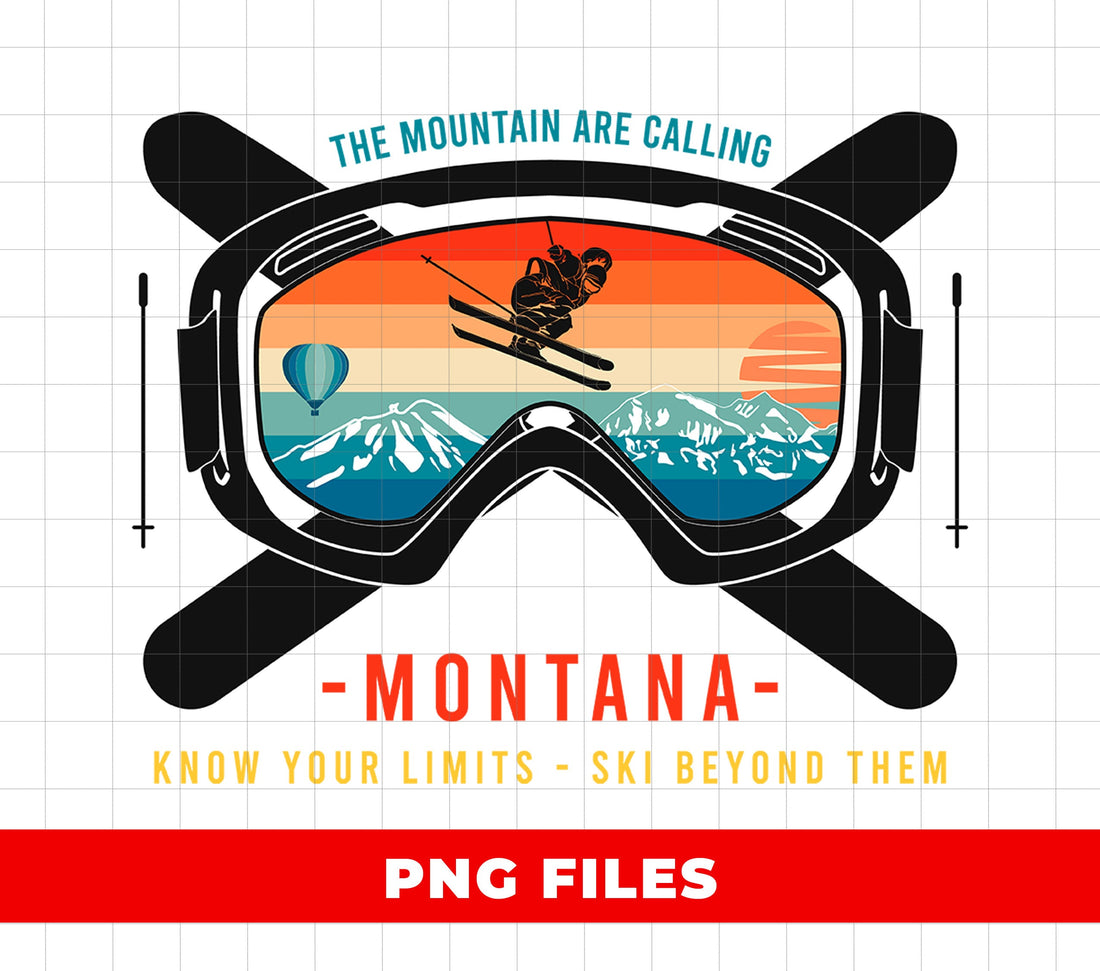 Skiing PNG, Montana Ski Goggles Clipart, Retro Snowboard Winter Sports Sublimation, Extreme Ski Jump Sunset Mountains Digital Download