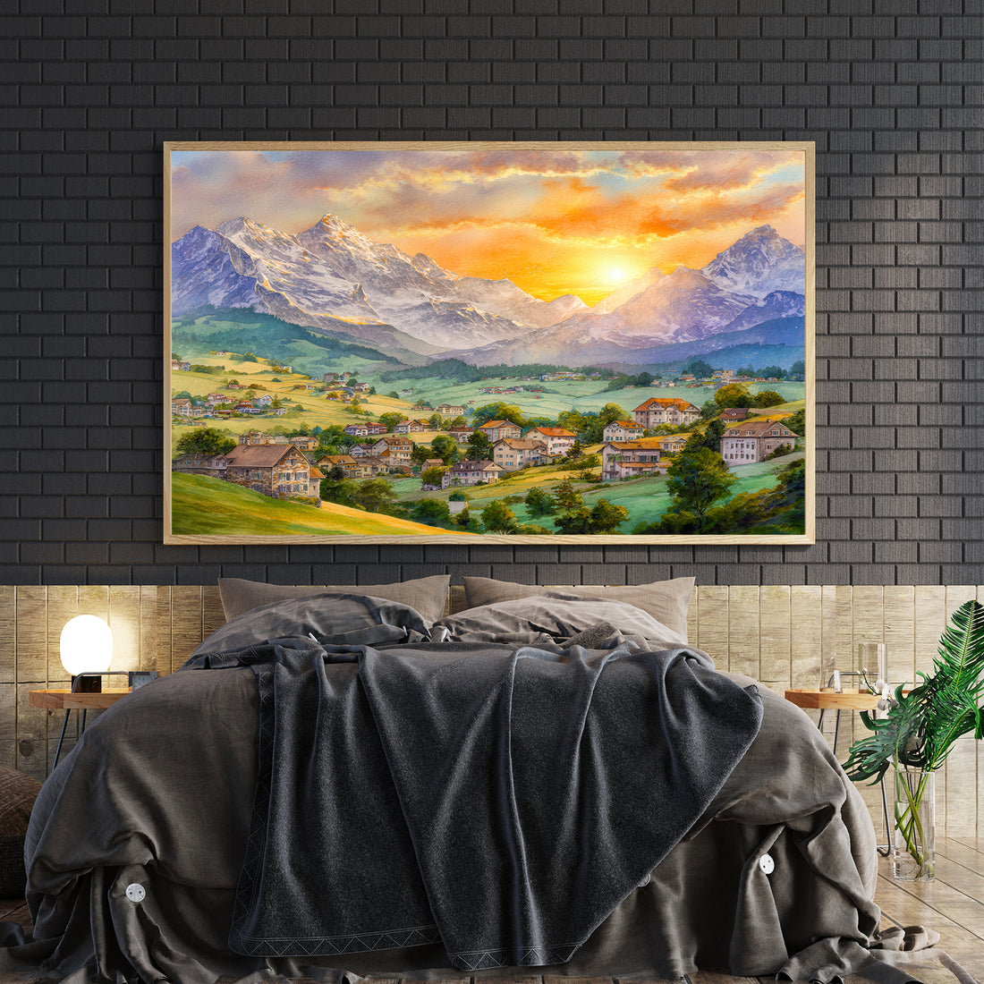 Transform your space with this stunning Alpine Mountain Village Canvas Wall Art, capturing the serene beauty of a sunset-kissed mountain landscape. Expertly rendered with rich, warm tones and intricate detail, this piece brings the majesty of alpine scenery directly into your home.