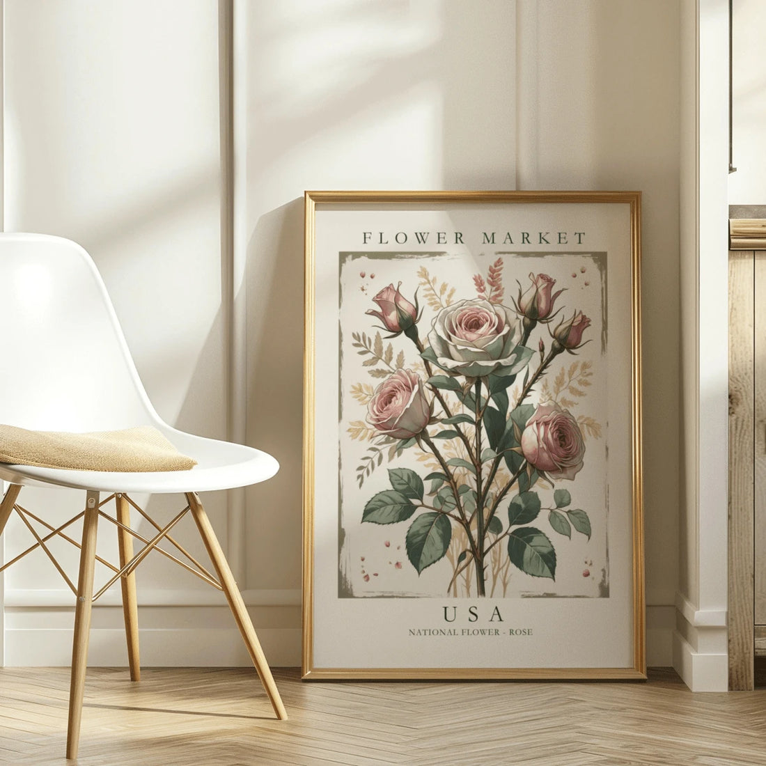 Framed vintage poster with blush roses, sage leaves, and Flower Market lettering