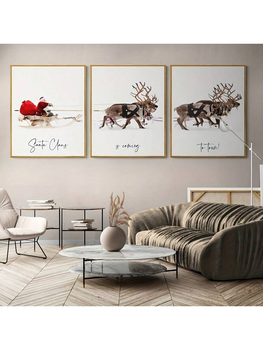 Add a festive touch to your home with this 3-piece frameless canvas poster print featuring Santa Claus. Perfect for the living room or bedroom, this holiday decor piece makes a great gift. Bring the magic of Christmas into your home with this charming wall art painting.