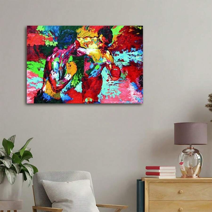 Framed boxing canvas of two fighters trading punches amid vivid red, turquoise, cobalt, lime, and magenta brushstrokes