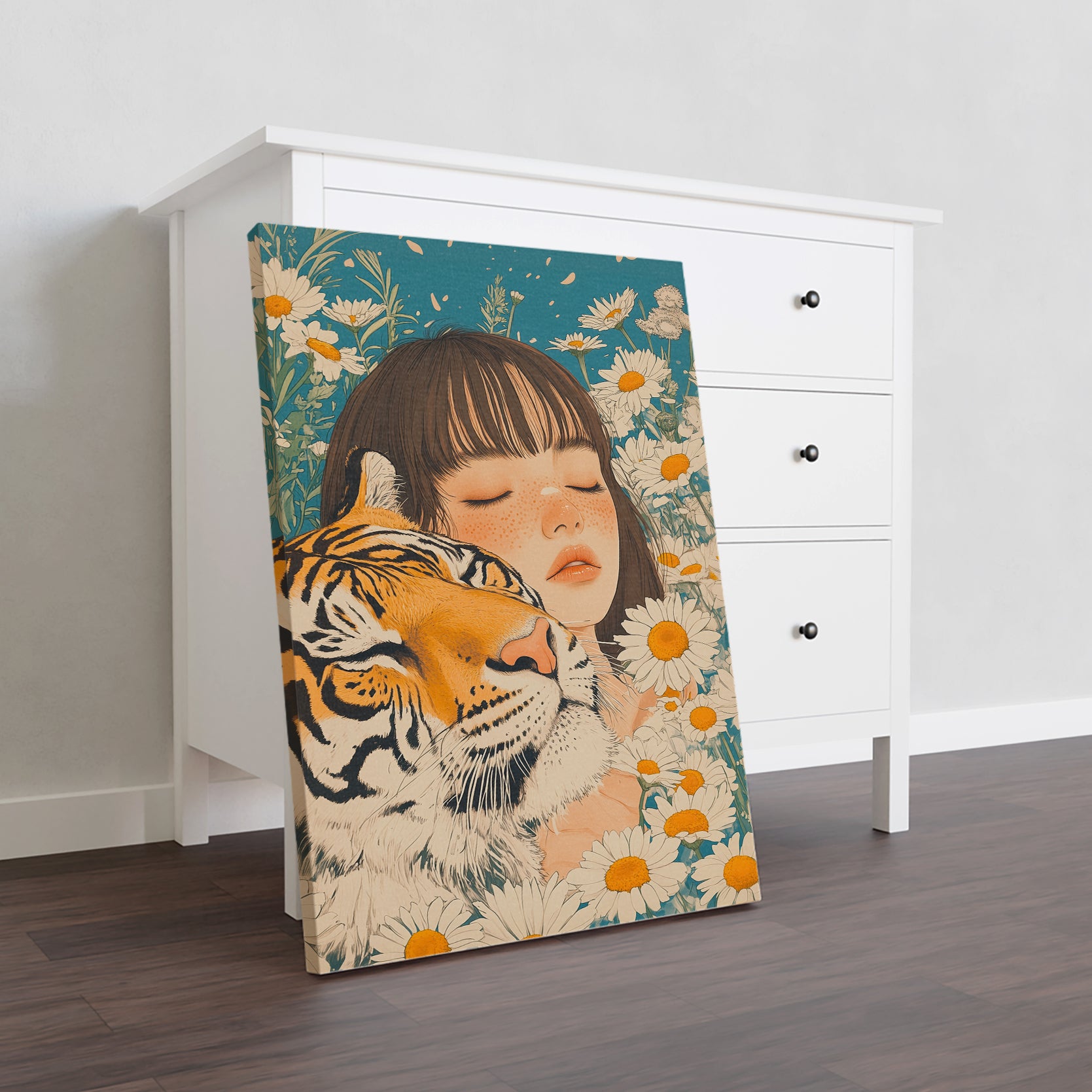 Elevate your home decor with this stunning Artistic Canvas Wall Art featuring a fierce tiger and delicate daisies in a Japanese style illustration. Perfect for your living room, sofa backdrop, or bedside, this piece will add a touch of sophistication and beauty to any space.